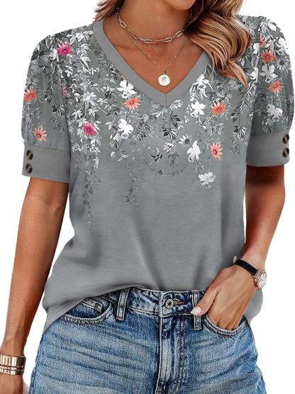 Women's short-sleeved shirt, button-down V-neck, fashionable spring/summer outfit, plus size women's shirt, casual formal wear.