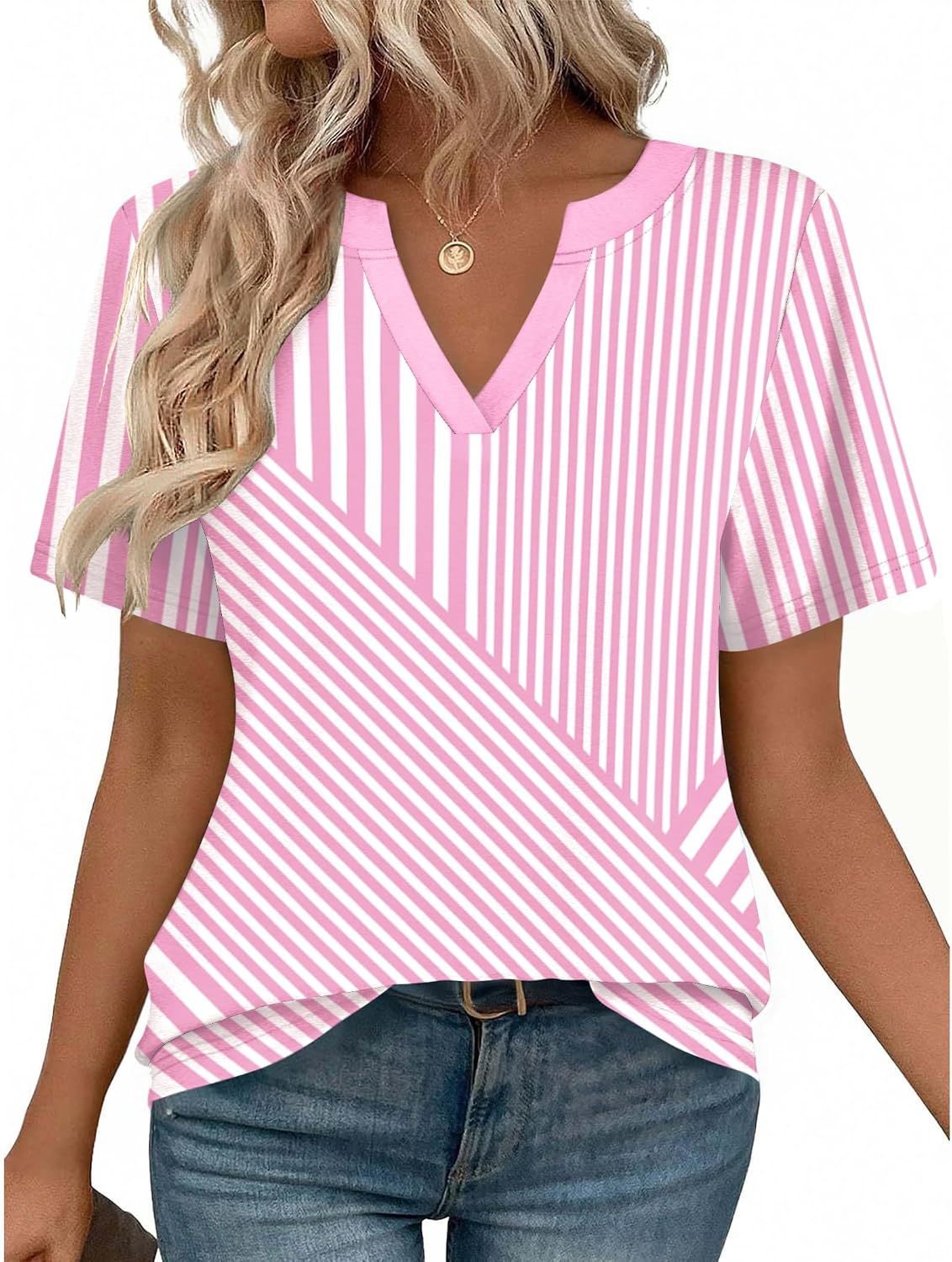 Women's short-sleeved V-neck T-shirt, cute and casual style