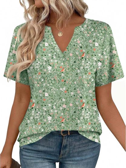 Women's short-sleeved V-neck T-shirt, cute and casual style