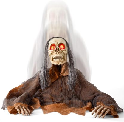Halloween mechanical zombie groundbreaker decoration, animated zombie prop with glowing red eyes, scary sound effects and movable head/body, voice-activated outdoor haunted house/cemetery decoration.