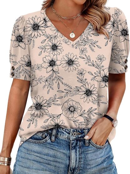 Women's short-sleeved shirt, button-down V-neck, fashionable spring/summer outfit, plus size women's shirt, casual formal wear.