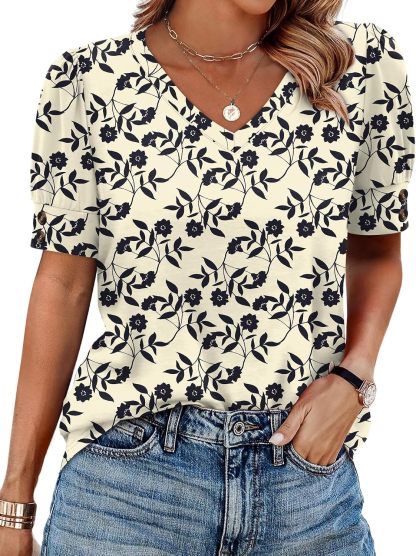 Women's short-sleeved shirt, button-down V-neck, fashionable spring/summer outfit, plus size women's shirt, casual formal wear.