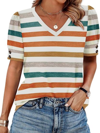 Women's short-sleeved shirt, button-down V-neck, fashionable spring/summer outfit, plus size women's shirt, casual formal wear.