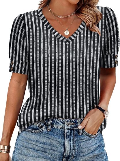 Women's short-sleeved shirt, button-down V-neck, fashionable spring/summer outfit, plus size women's shirt, casual formal wear.