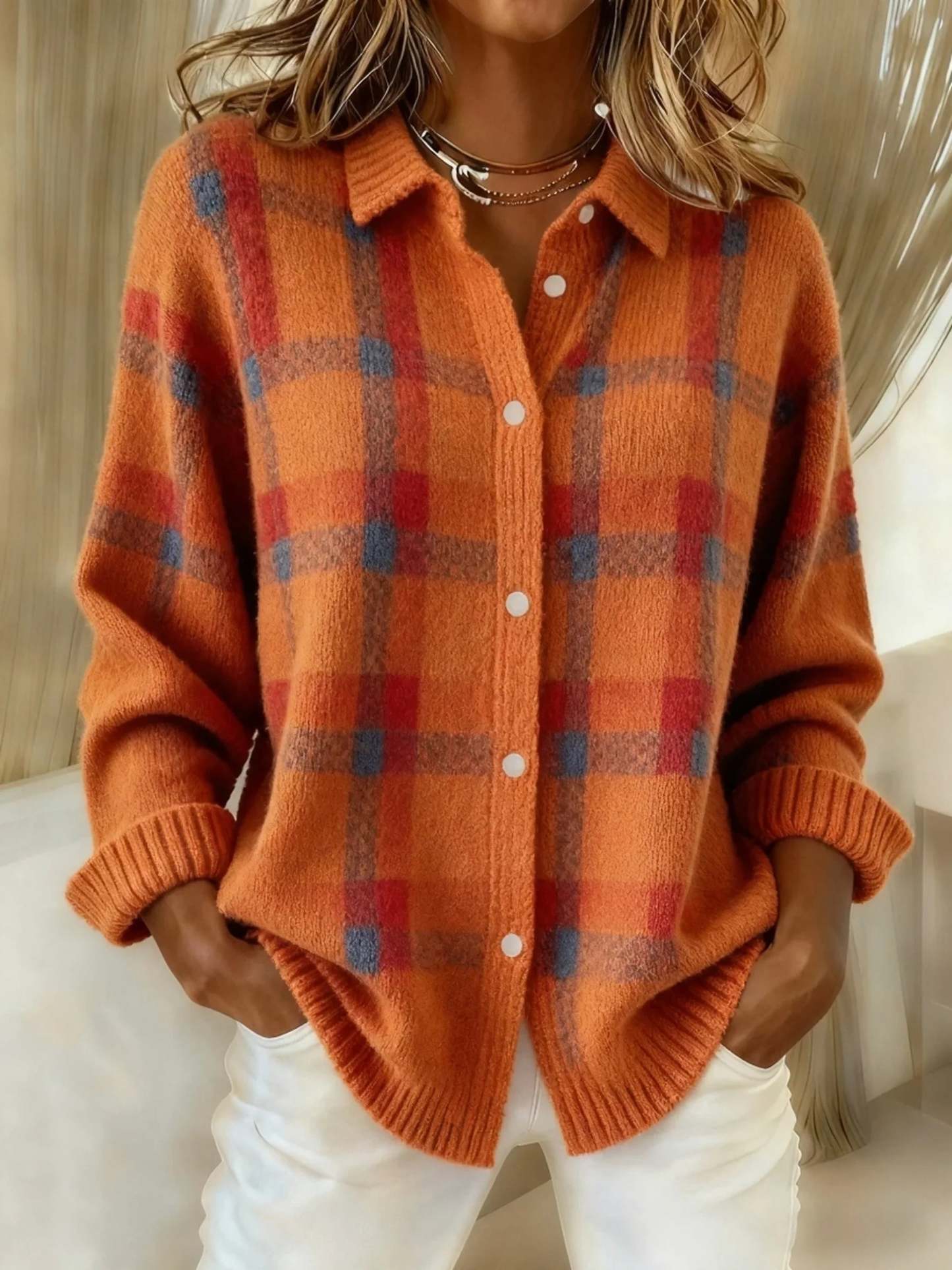 Women's Casual Contrast Retro Plaid Sweater