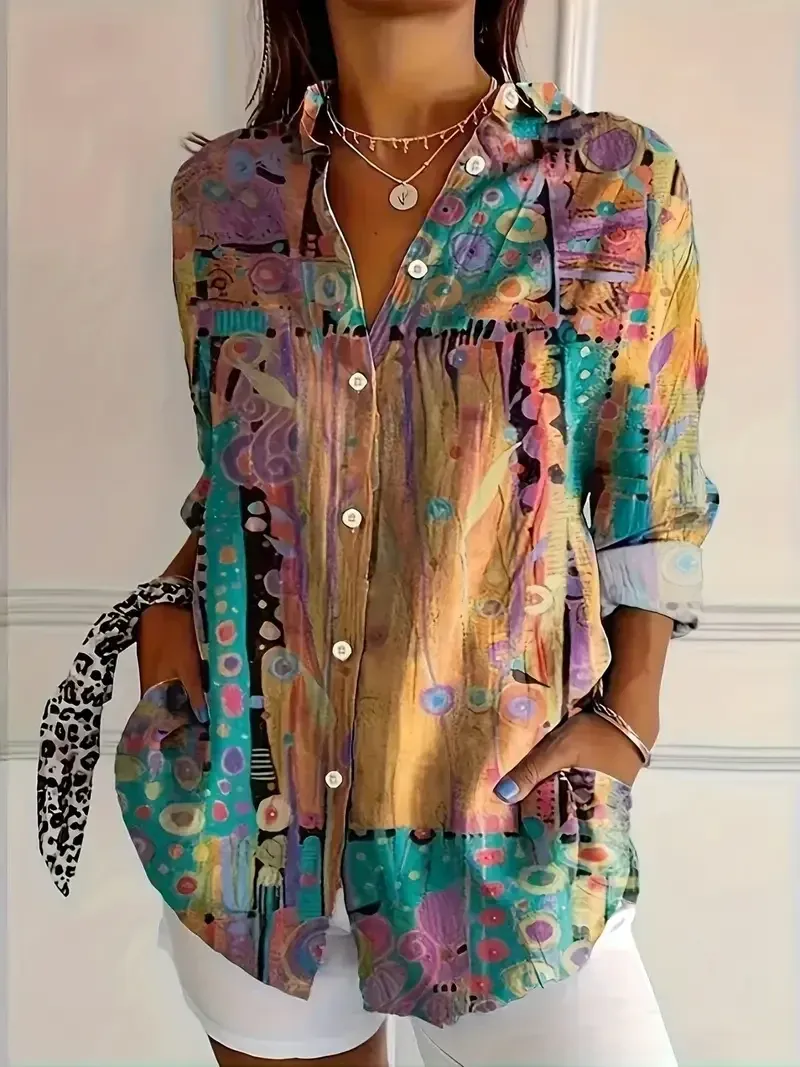 Women's Vintage Floral Art Print Casual Cotton Linen V-neck Shirt