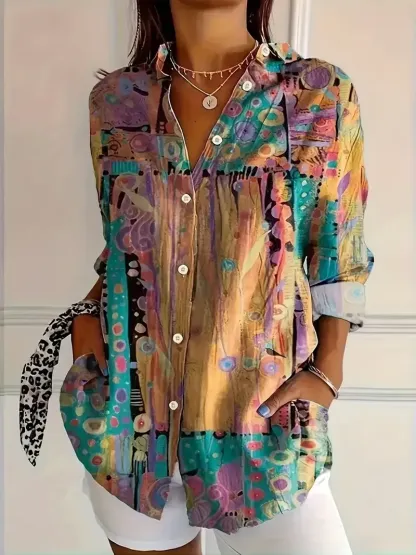 Women's Vintage Floral Art Print Casual Cotton Linen V-neck Shirt
