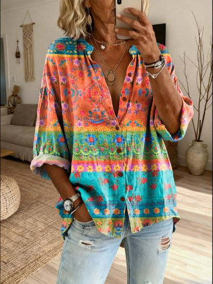 Women's Bohemian Totem Floral Art Print Casual Cotton Linen Shirt