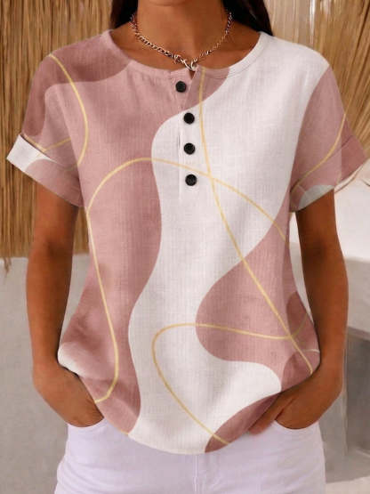 Artistic Line Print Cotton-linen Blouse