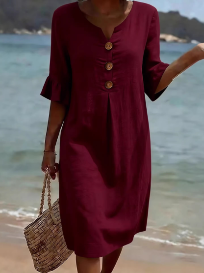 Cotton Plain V Neck Short Sleeve Button Casual Regular Fit Dress