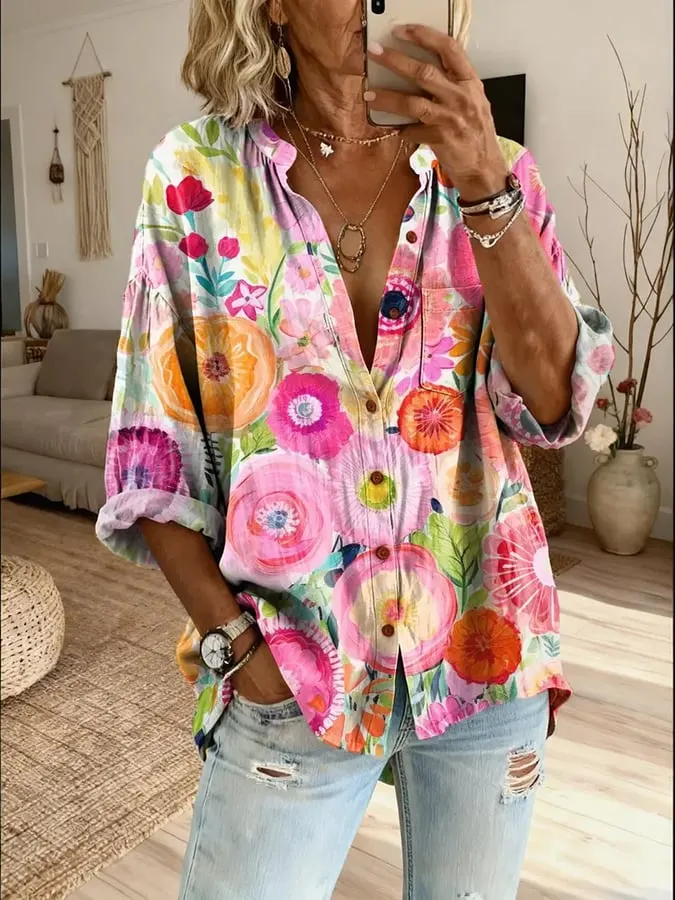 Women's Floral Art Print Casual Cotton-linen Blend Shirt