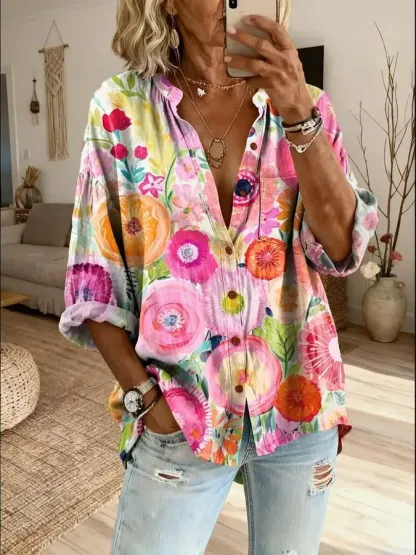 Women's Floral Art Print Casual Cotton-linen Blend Shirt