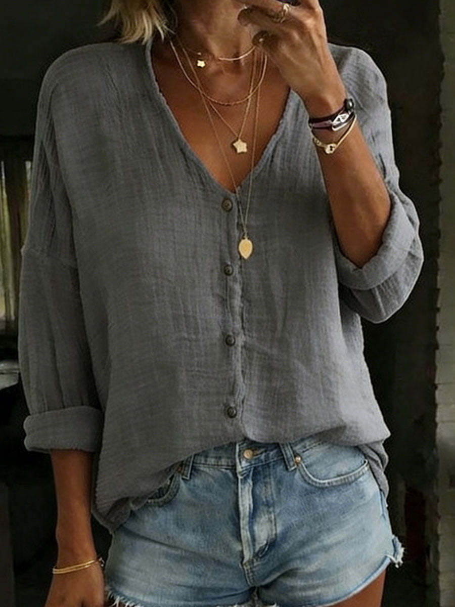 Women's Cotton Linen Loose Solid Color Long-sleeved Shirt