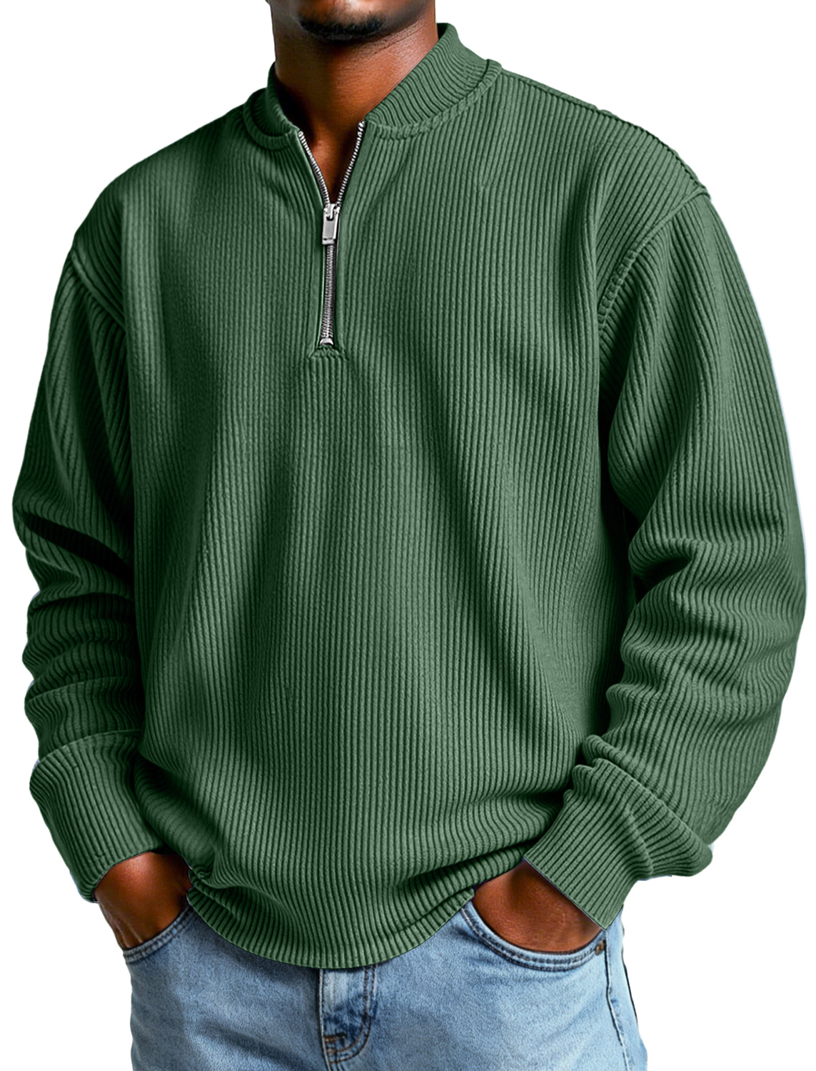 Men's Daily Simple Ribbed Baseball Collar Zipper Casual Long-sleeved T-shirt