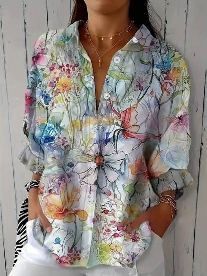 Women's Three Quarter Sleeve Shirt Spring/Fall As Picture Floral Printing Shirt Collar Daily Going Out Casual Top