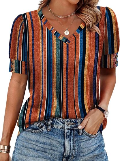 Women's short-sleeved shirt, button-down V-neck, fashionable spring/summer outfit, plus size women's shirt, casual formal wear.