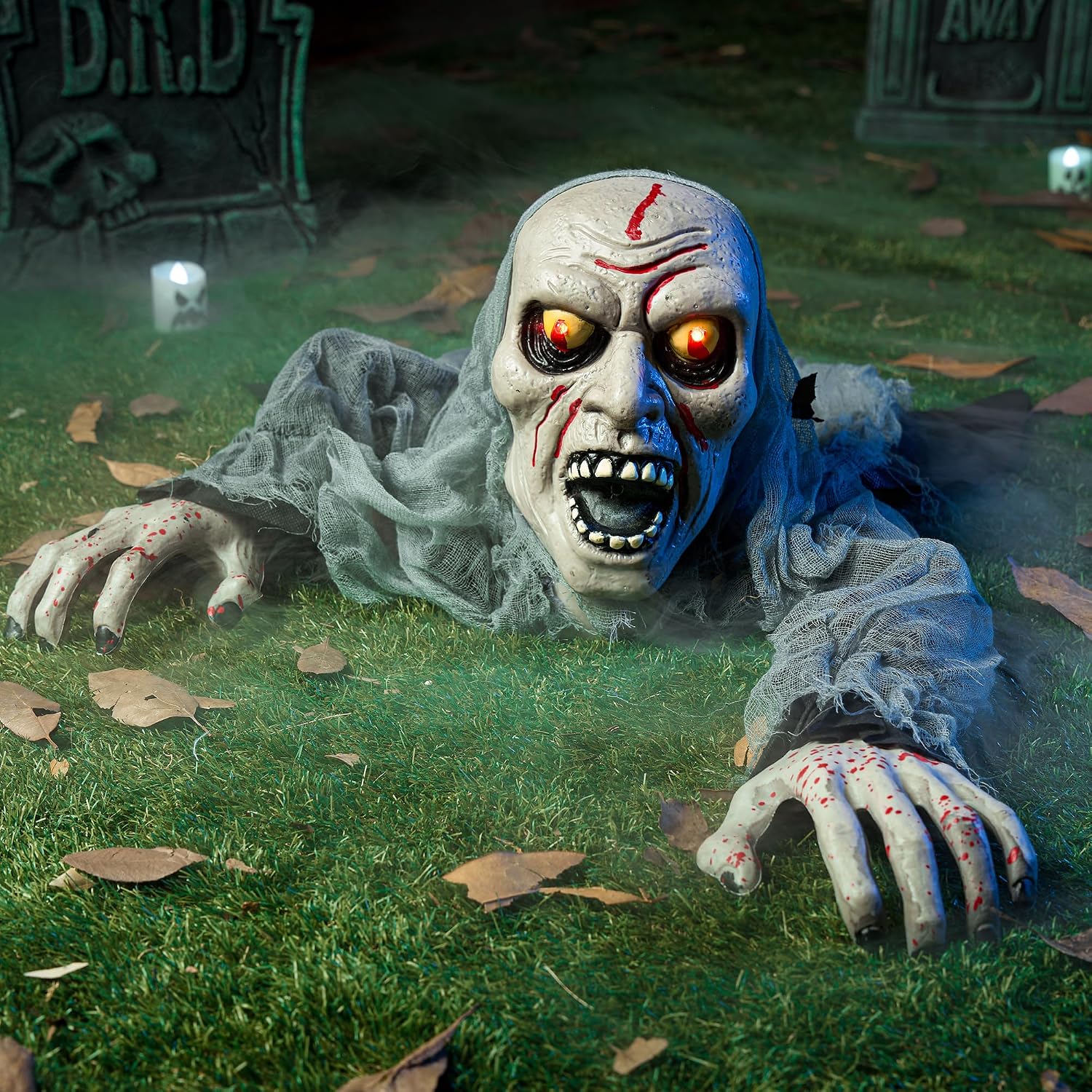 Halloween outdoor glowing zombie groundbreaker decoration with bloodstains and scary sound effects. Suitable for Halloween outdoor decorations, lawns, patios, terraces, cemetery decorations, and haunted house props.