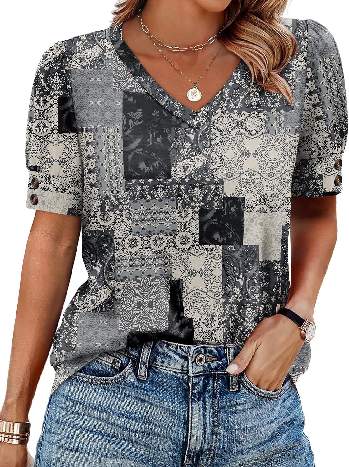 Women's short-sleeved shirt, button-down V-neck, fashionable spring/summer outfit, plus size women's shirt, casual formal wear.