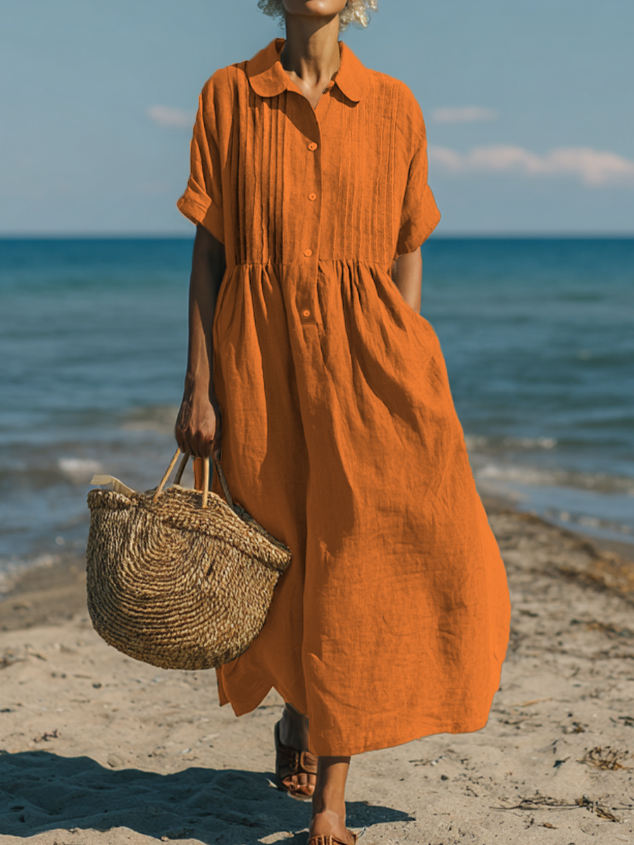New Arrivals🔥 Women's Casual Cotton and Linen Peter Pan Collar Short Sleeve Dress