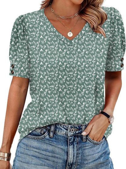 Women's short-sleeved shirt, button-down V-neck, fashionable spring/summer outfit, plus size women's shirt, casual formal wear.