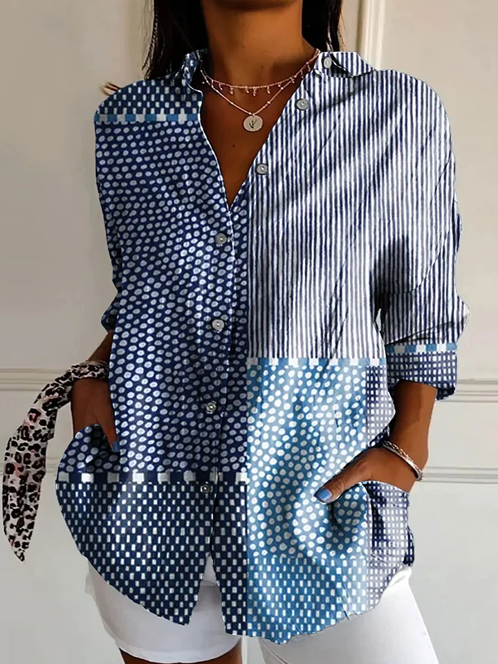Women's Vintage Abstract Floral Art Print Linen V-Neck Shirt