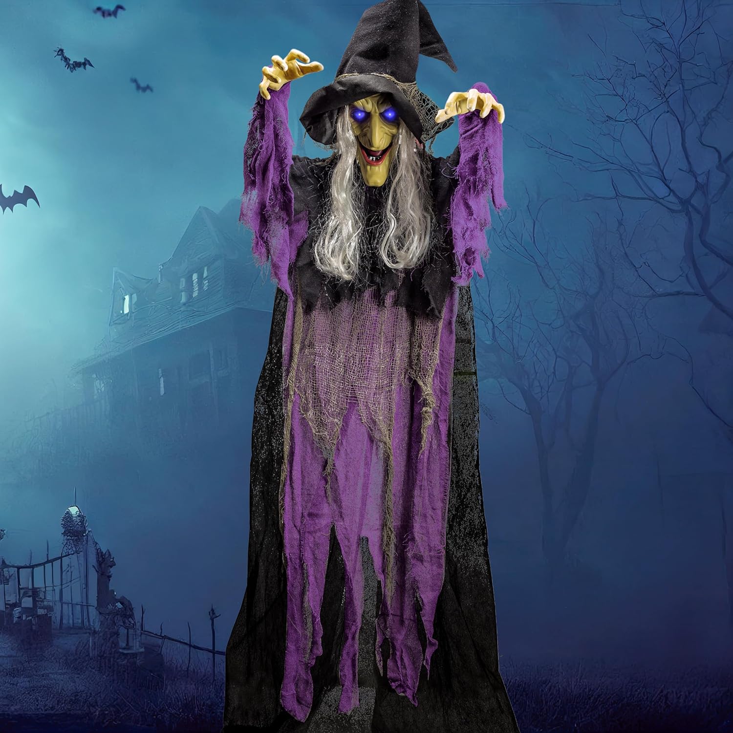 Halloween hanging witch decoration, outdoor flying talking ghost decoration, eyes that light up, voice-activated, indoor and outdoor haunted house prop, suitable for lawns, patios, and gardens, purple.