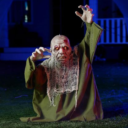 Halloween animated zombie demolition outdoor decoration, with glowing eyes, a spooky electronic animation decoration, and movable arms. Suitable for Halloween party props and outdoor decorations for lawns, patios, and courtyards.
