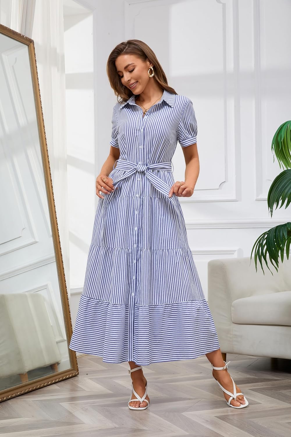 Womens Casual Short Sleeve Button Down Tie Waist Ruffled Striped Maxi Shirt Dress(Buy 2 Free Shipping)