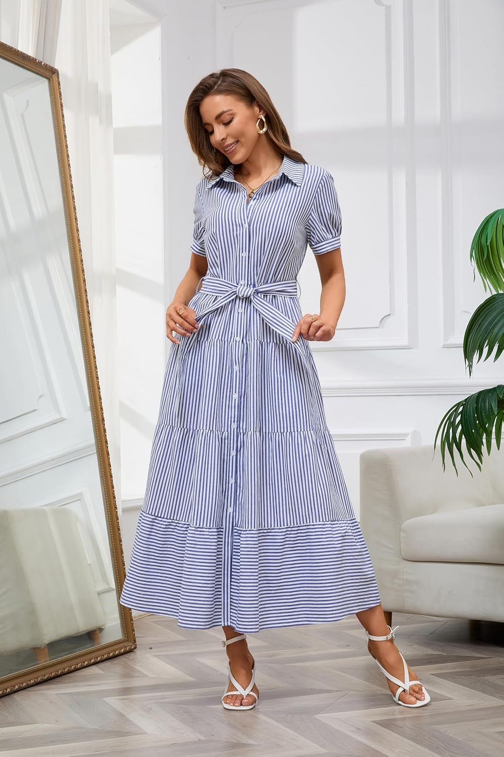 Womens Casual Short Sleeve Button Down Tie Waist Ruffled Striped Maxi Shirt Dress(Buy 2 Free Shipping)