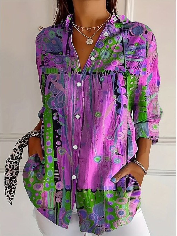 Women's Shirt Linen Like Breathable Lightweight Graphic Geometric Vintage Daily Casual Long Sleeve Shirt Collar Regular Tops Daily Holiday Print