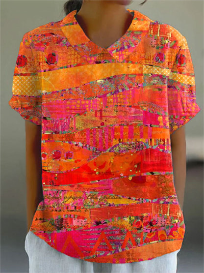 Women's Vintage Art Print Casual Cotton And Linen 3/4 Sleeve Shirt