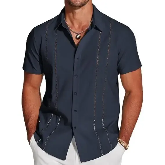 Men's Cuban Guayabera Short Sleeve V-Neck Linen Shirt Casual Summer Beach