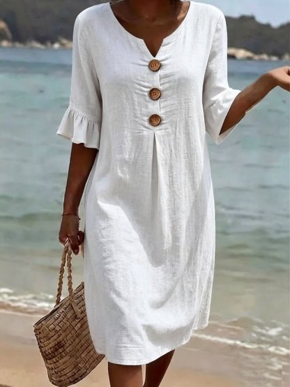 Cotton Plain V Neck Short Sleeve Button Casual Regular Fit Dress