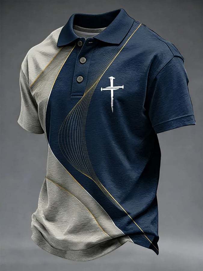 Men's Retro Faith Cross Print Casual Polo Shirt