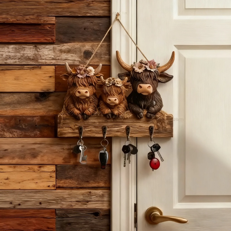 🐮 Rustic Highland Cow Wooden Family Key Holder Hanging Ornament with 4 Hooks
