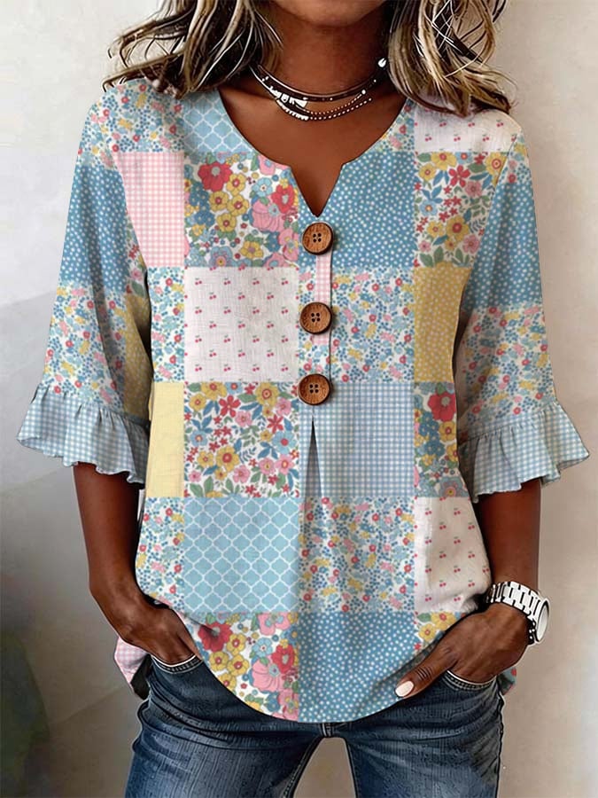 Women's Flower Pattern Art Print Casual Cotton Shirt