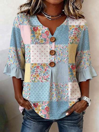Women's Flower Pattern Art Print Casual Cotton Shirt