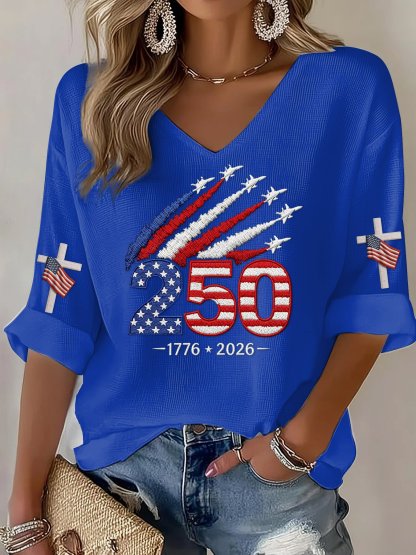 Women’s USA 250th Anniversary Print Waffle Knit V-Neck T-Shirt