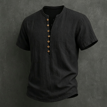 Men Mandarin Collar Wooden Button Half Placket Linen Blend Short Sleeve Henley Shirt