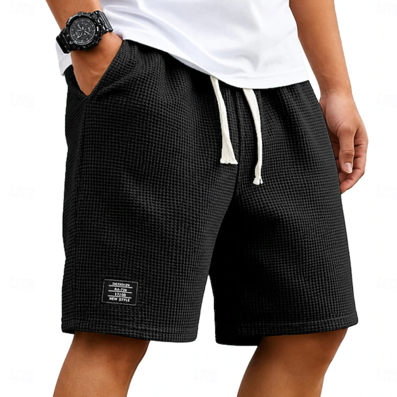 Men Waffle Knit Drawstring Elastic Waist Label Decor Casual Five Inch Sweat Shorts