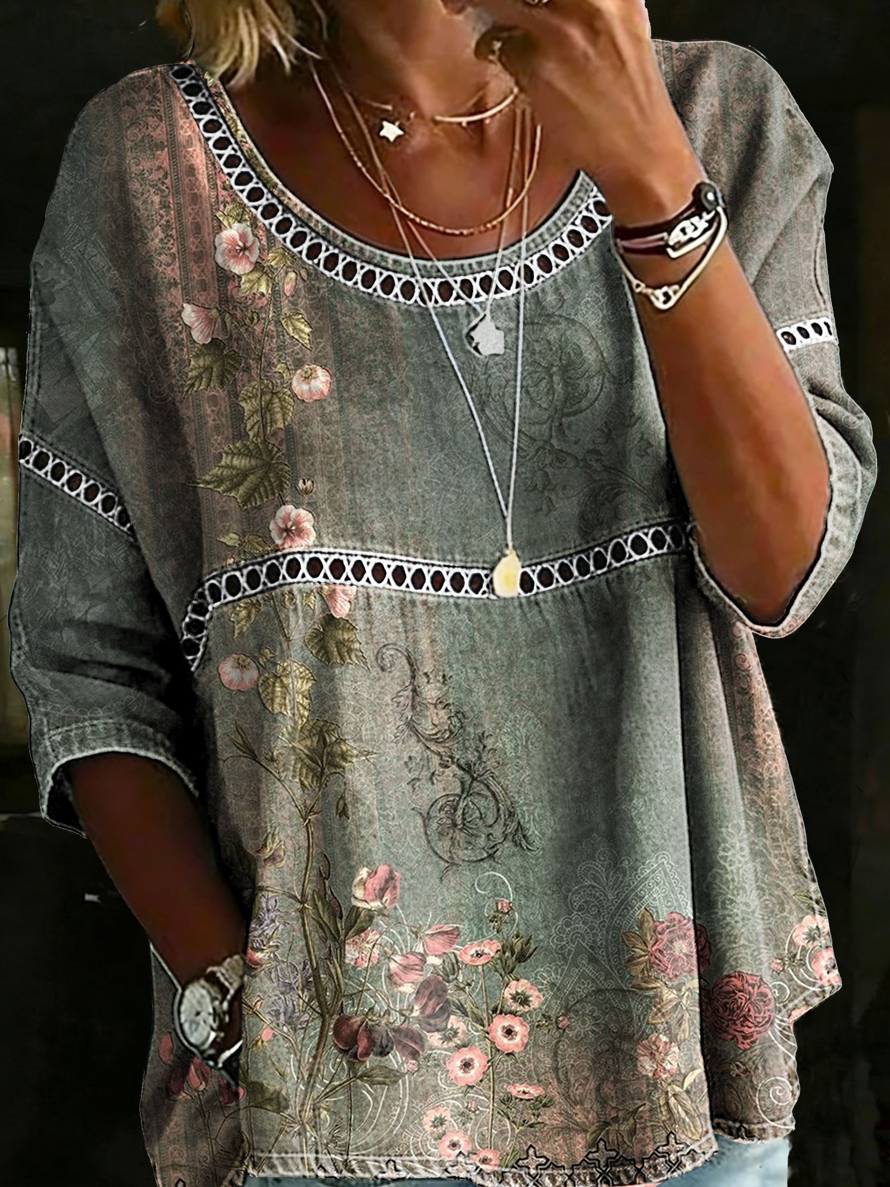 Women's Vintage Abstrct Casual Loose Denim Blouse Shirt
