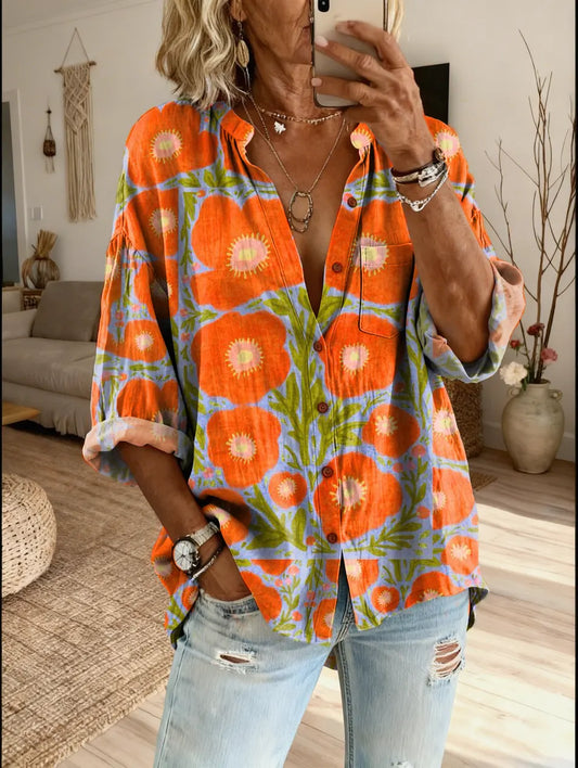 Women's Bohemian Totem Floral Art Print Casual Cotton Linen Shirt