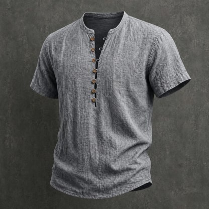 Men Mandarin Collar Wooden Button Half Placket Linen Blend Short Sleeve Henley Shirt