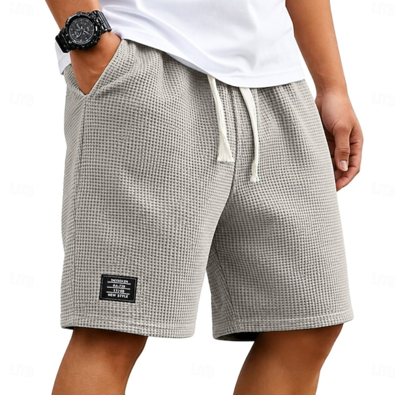 Men Waffle Knit Drawstring Elastic Waist Label Decor Casual Five Inch Sweat Shorts