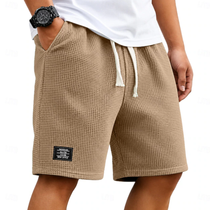 Men Waffle Knit Drawstring Elastic Waist Label Decor Casual Five Inch Sweat Shorts