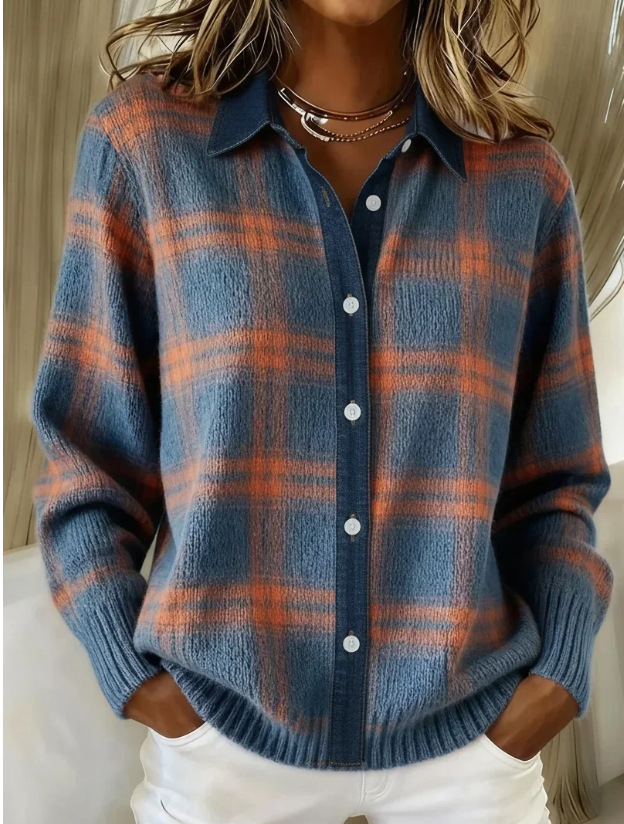 Women's Casual Contrast Retro Plaid Sweater