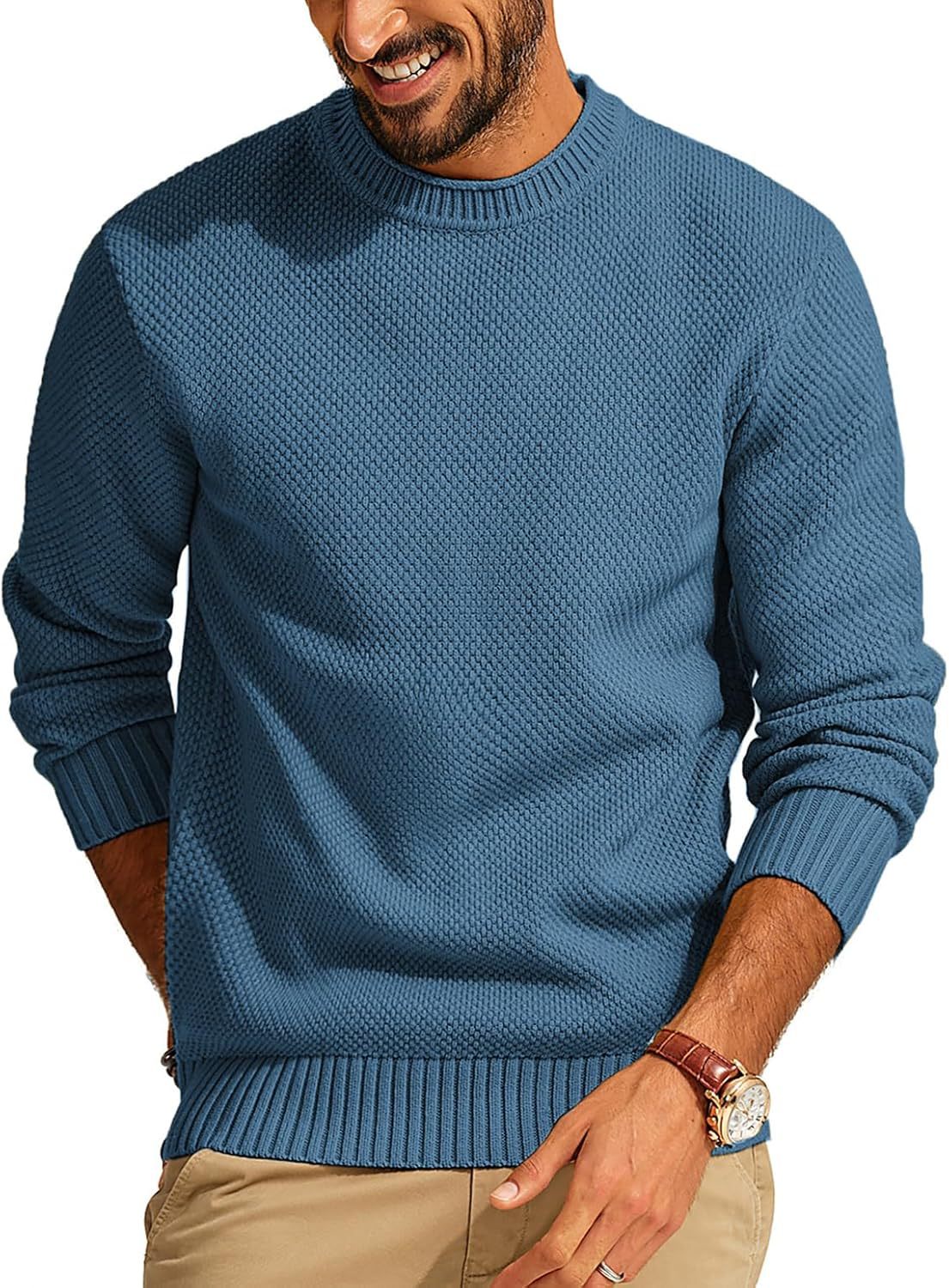 Men's Casual Pullover Solid Color Waffle Crew Neck Sweater