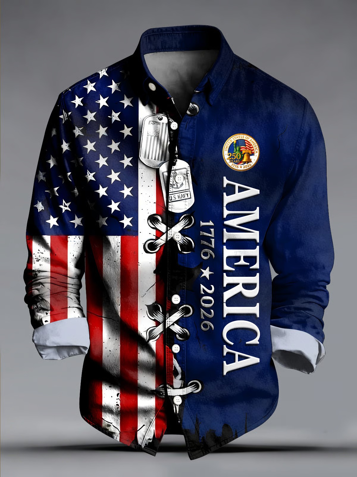 Men’s Vintage-Style 250th Anniversary American Flag Print Long-Sleeved Shirt