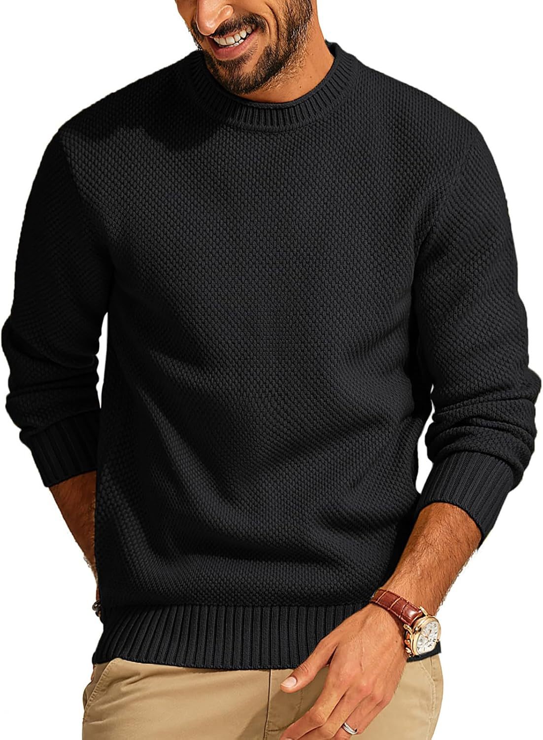 Men's Casual Pullover Solid Color Waffle Crew Neck Sweater