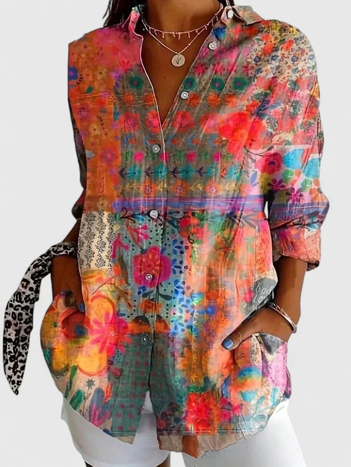 Vintage Colorful Bohemian Flowers Print Casual Long-sleeved Shirt